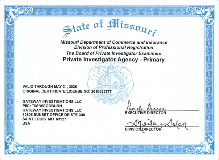 Private Investigator in St. Louis, Missouri & Illinois - License